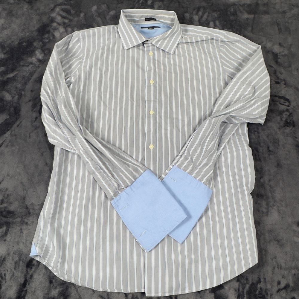 Banana Republic Dress Shirt Mens M 15-15.5 Grey Blue Striped French Cuff‎ Fitted